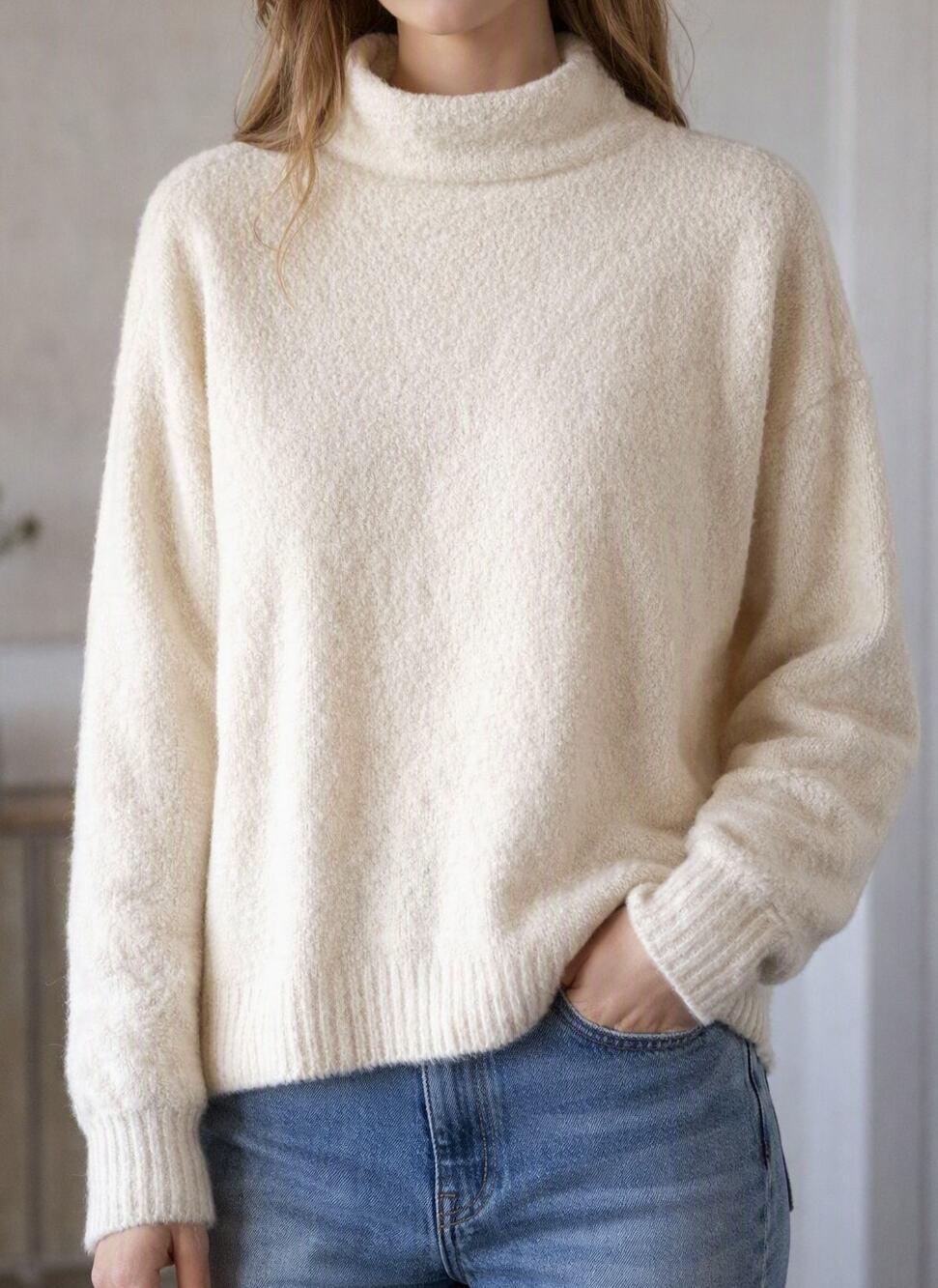 Marled Mock Neck Long Sleeve Nubby Textured Sweater Cream XL